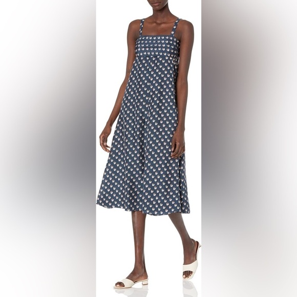 Theory Floral Ikat Print Deep Navy Blue Silk Tie Back Midi Dress EUC Size Small - Picture 3 of 11